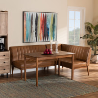Baxton Studio BBT8051.12-TanWalnut-3PC Dining Nook Set Baxton Studio Daymond Mid-Century Modern Tan Faux Leather Upholstered and Walnut Brown Finished Wood 3-Piece Dining Nook Set